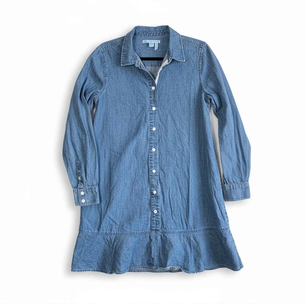 Draper James Denim Shirt Dress Size 12 Blue Button Front Ruffle Hem 100% Cotton